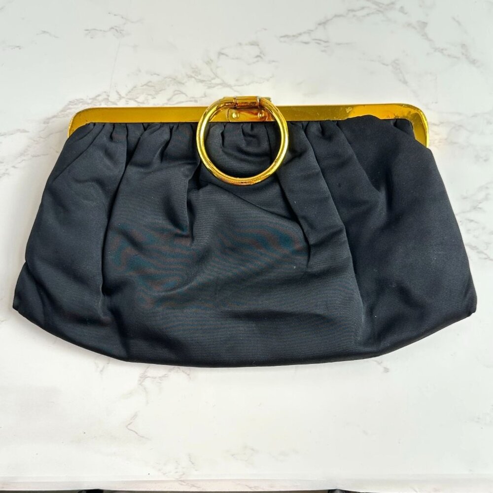 Vintage Black Satin Evening Purse with Gold-Tone Frame & Snap Closure